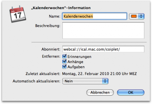 Mac OS X Snow Leopard iCal Kalenderwochen via ics-Datei